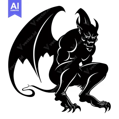 A Black and White Illustration of a Sitting, Winged, Fanged Demon