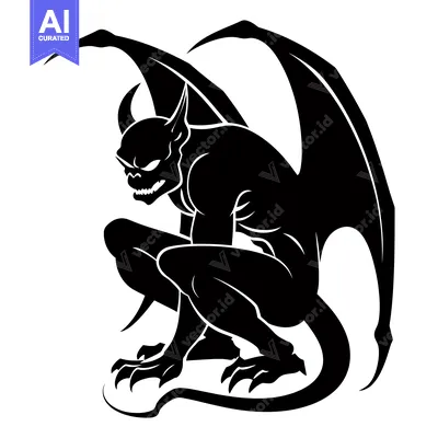 Aset desain premium: A black silhouette of a gargoyle with wings and a tail, crouching in a