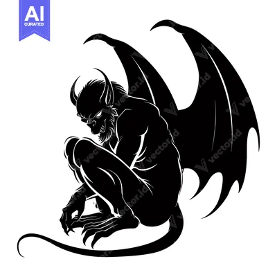 Aset premium populer: A Black and White Silhouette of a Crouching Gargoyle with Wings