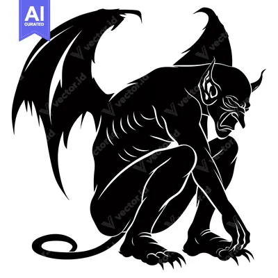 Aset desain premium: A Black and White Silhouette of a Winged Demon Crouching with Claws