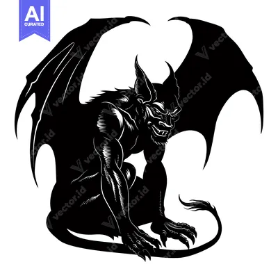 Aset desain premium: Black and White Illustration of a Sitting Gargoyle with Wings