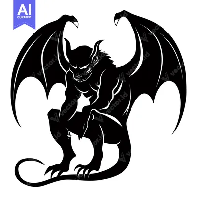 Popular premium asset: Black and white silhouette of a gargoyle with wings and a tail