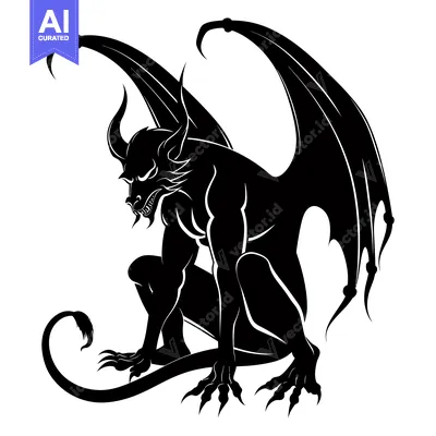 A Black and White Silhouette of a Mythical Creature with Wings and Cla