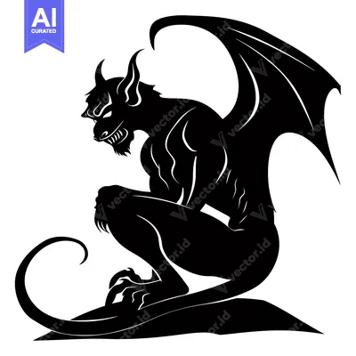 Premium design asset: A Black and White Silhouette of a Sitting Devil with Wings