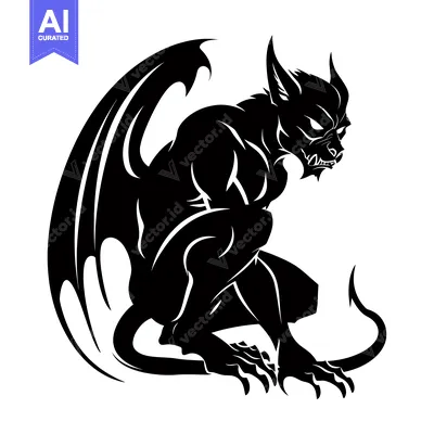 Aset desain premium: Black and White Silhouette of a Winged Gargoyle with Claws