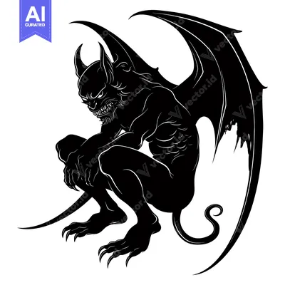 Popular premium asset: A Black and White Silhouette of a Crouching Demon with Wings