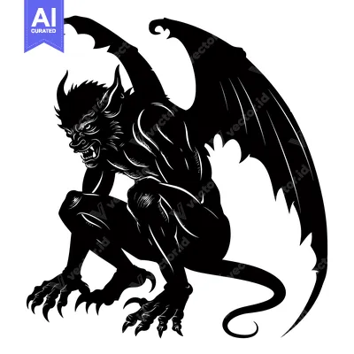 Aset premium populer: Black and White Silhouette of a Crouching Gargoyle with Wings
