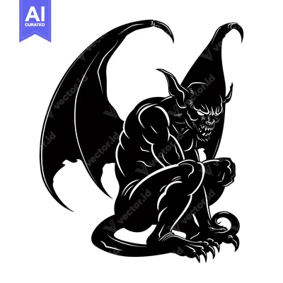 Aset premium populer: Black and White Silhouette of a Winged Gargoyle Sitting and Crouching