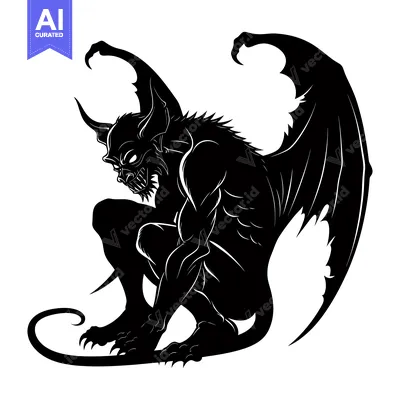 Aset desain premium: Black and White Silhouette of a Sitting Gargoyle with Wings