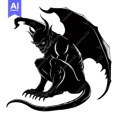 Popular premium asset: Black and white silhouette of a snarling gargoyle with wings