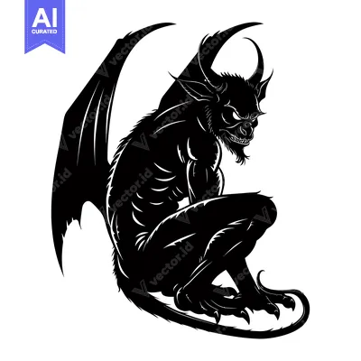 Premium design asset: Black and White Silhouette of a Winged Demon with Horns