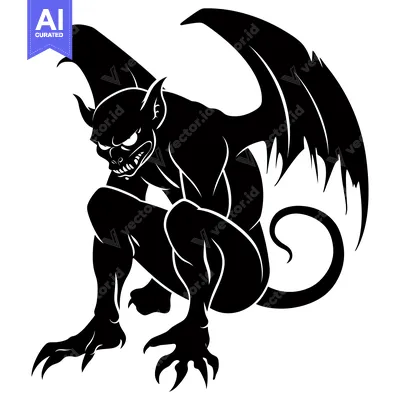 Popular premium asset: A Black and White Silhouette of a Crouching Gargoyle with Wings