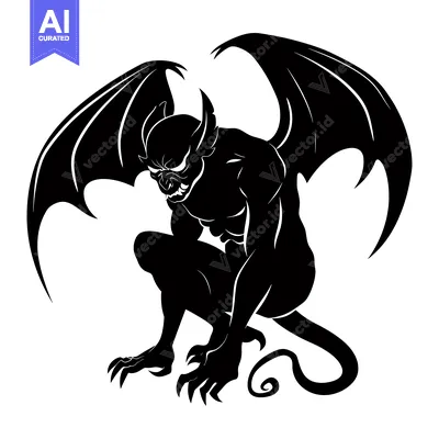 Premium design asset: Black and white silhouette of a gargoyle with wings, claws, and a tail
