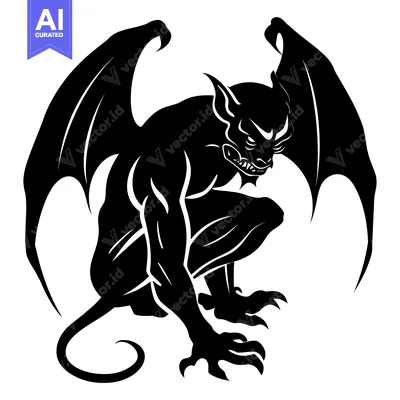 Aset desain premium: A menacing gargoyle with outstretched wings, crouching and ready to st