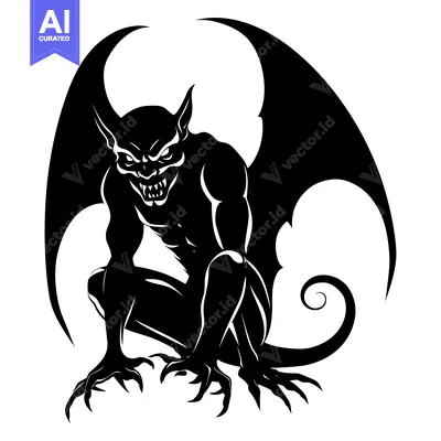 Premium design asset: Black and White Illustration of a Winged Gargoyle