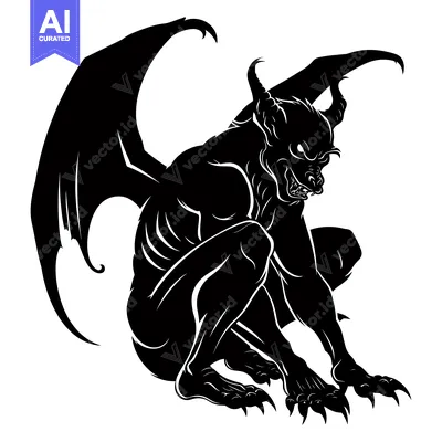 Aset desain premium: Black and White Silhouette of a Gargoyle with Wings