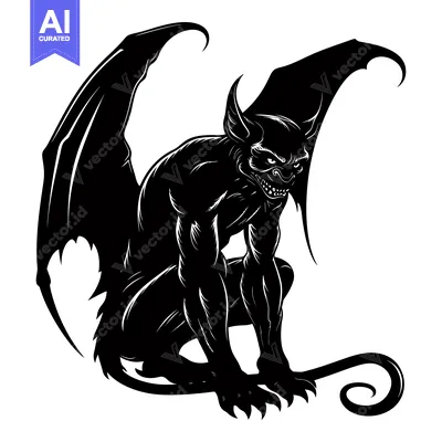 A Black and White Illustration of a Winged Beast with a Curved Tail