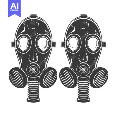 Two black and white gas masks with circular eye pieces, hoses, and fil