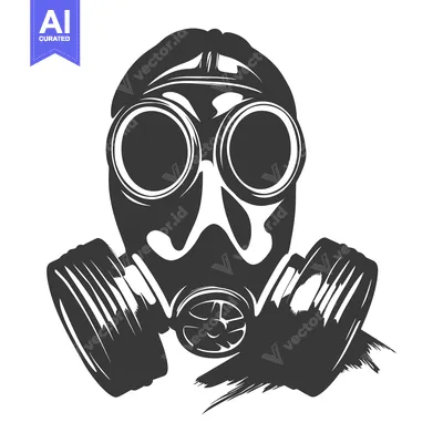 Aset desain premium: Black and White Illustration of a Gas Mask with Circular Filters