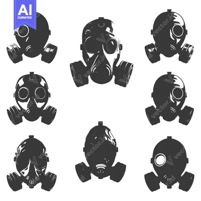 Aset desain premium: A Collection of Eight Black and White Gas Masks