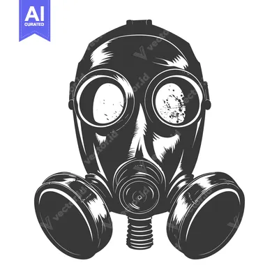 Aset premium populer: A detailed illustration of a classic black gas mask with circular filt