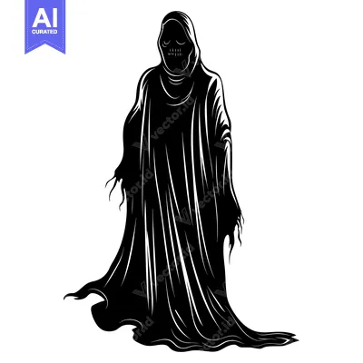 Premium design asset: Black and white illustration of a hooded figure with a skull face