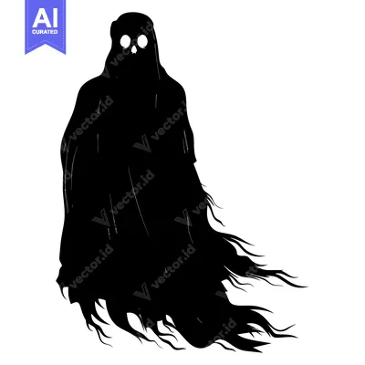 Aset desain premium: Black and White Silhouette of a Ghost with Glowing Eyes