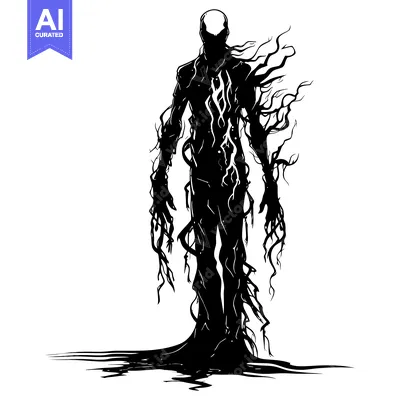 Silhouette of a humanoid figure with roots and branches growing from i