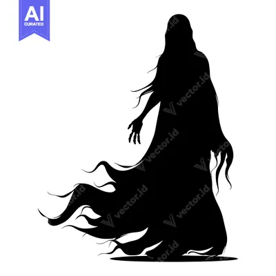 Premium design asset: Black silhouette of a ghost with flowing hair and a long robe