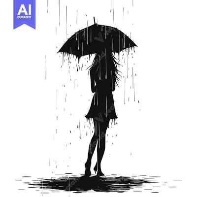 Aset desain premium: Silhouette of a Woman Walking in the Rain with an Umbrella