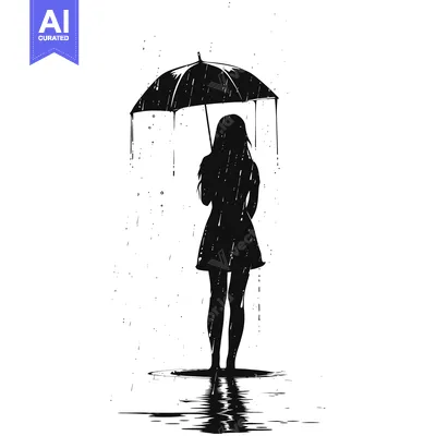 Aset desain premium: Silhouette of a Woman Standing in the Rain with an Umbrella