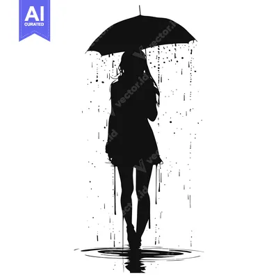 Silhouette of a woman standing in the rain under an umbrella