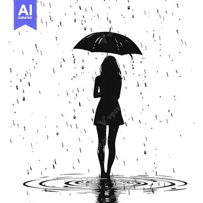 Popular premium asset: Silhouette of a Woman with an Umbrella Standing in a Puddle of Rain