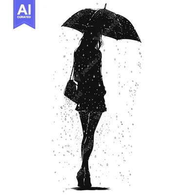 Aset desain premium: Silhouette of a Woman Walking in the Rain with an Umbrella