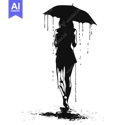 Popular premium asset: Silhouette of a Woman Walking in the Rain with an Umbrella Dripping