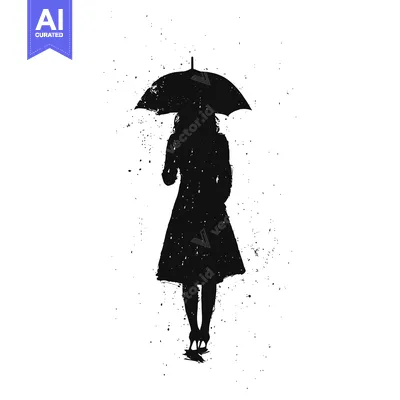 Aset premium populer: Silhouette of a Woman in a Coat Walking with an Umbrella in the Rain