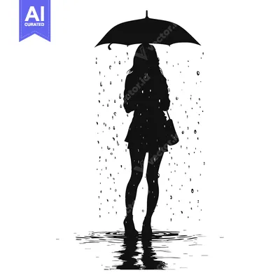 Aset desain premium: Silhouette of a Woman Standing in a Puddle with an Umbrella