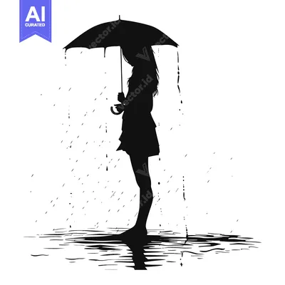 Silhouette of a Woman with an Umbrella Standing in Rain