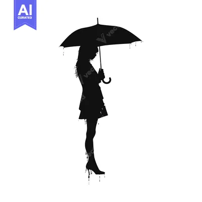 Aset desain premium: Silhouette of a Woman with a Dripping Umbrella