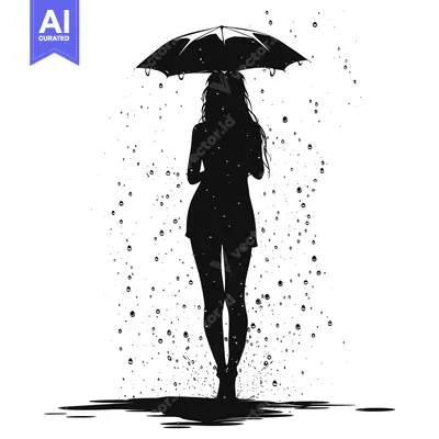 Aset desain premium: Silhouette of a Woman Walking in the Rain with an Umbrella