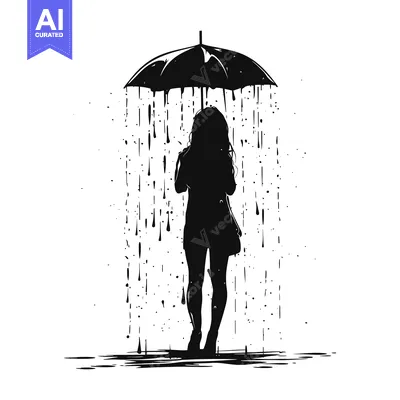 Silhouette of a Woman Standing Under an Umbrella in the Rain
