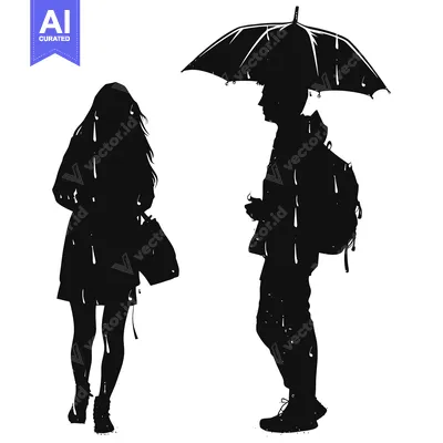 Aset premium populer: Silhouette of a couple walking in the rain, with one holding an umbrel