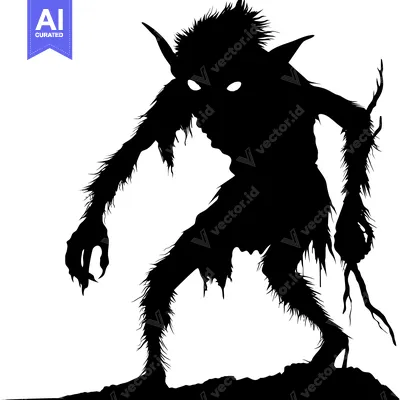 Aset desain premium: Silhouette of a Furry, Sharp-Eared, Glowing-Eyed Creature