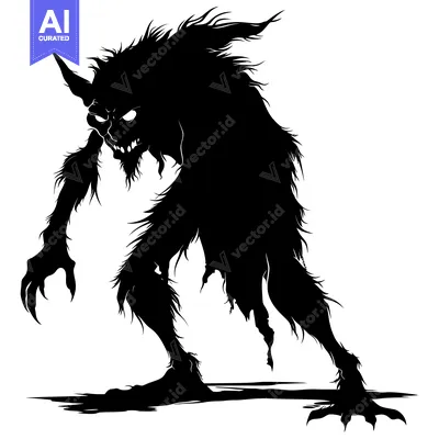 Silhouette of a menacing, clawed creature with a horned head and a rip