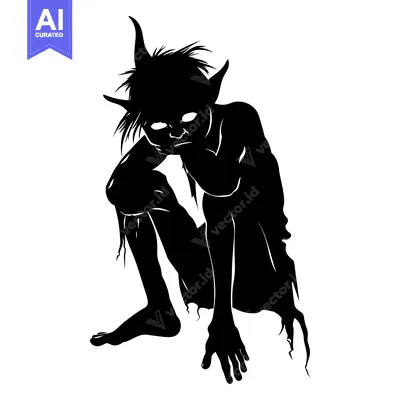 Aset premium populer: Black and White Silhouette of a Sitting Goblin with Pointed Ears