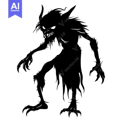 Aset premium populer: Black silhouette of a monstrous creature with sharp claws and horns