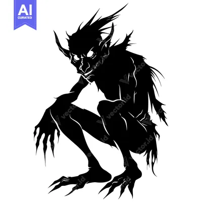 Aset premium populer: A Black and White Silhouette of a Crouching Goblin-like Creature with