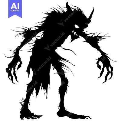 Aset desain premium: Silhouette of a Grotesque Creature with Claws and Horns