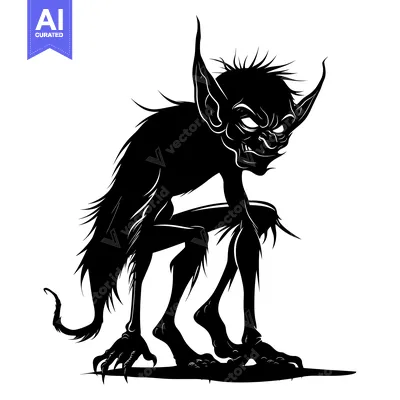 Aset desain premium: Black and White Silhouette of a Goblin-Like Creature with Long Ears an