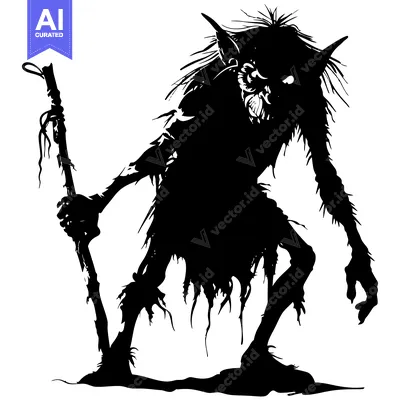 Silhouette of a Gnarled Goblin Holding a Twisted Stick